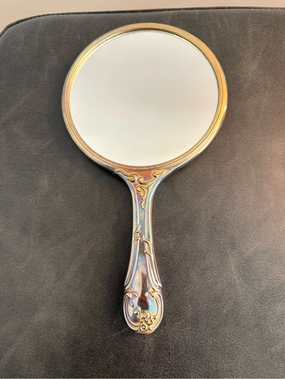 Vintage Early 1900Ss Ornate Gold-Tone Cherub design Heavy Hand Held Mirror